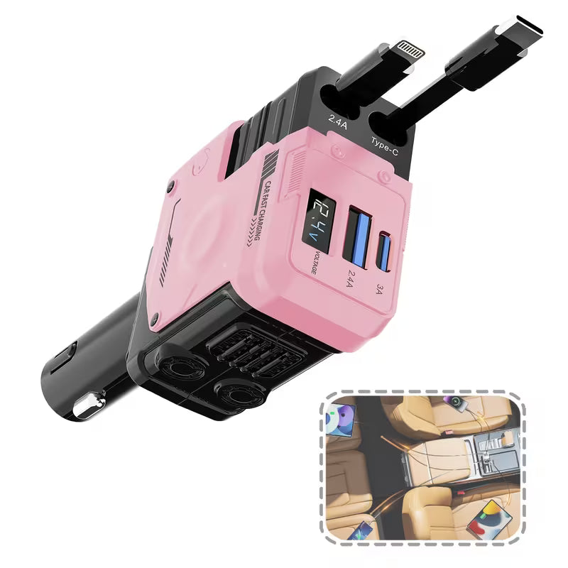 Cargador de coche multifuncional de carga rápida con cable retráctil