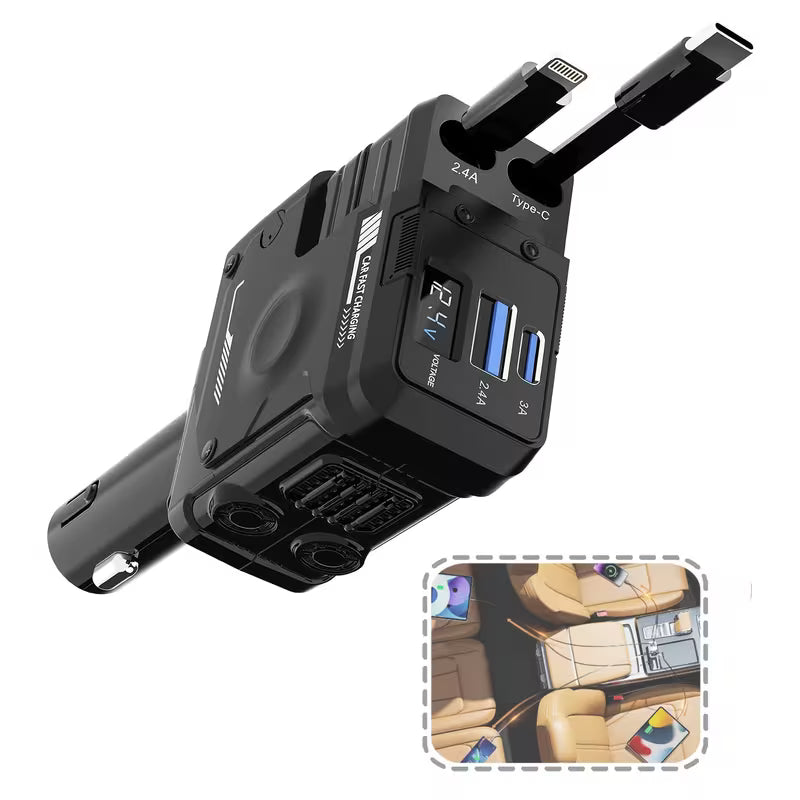 Cargador de coche multifuncional de carga rápida con cable retráctil