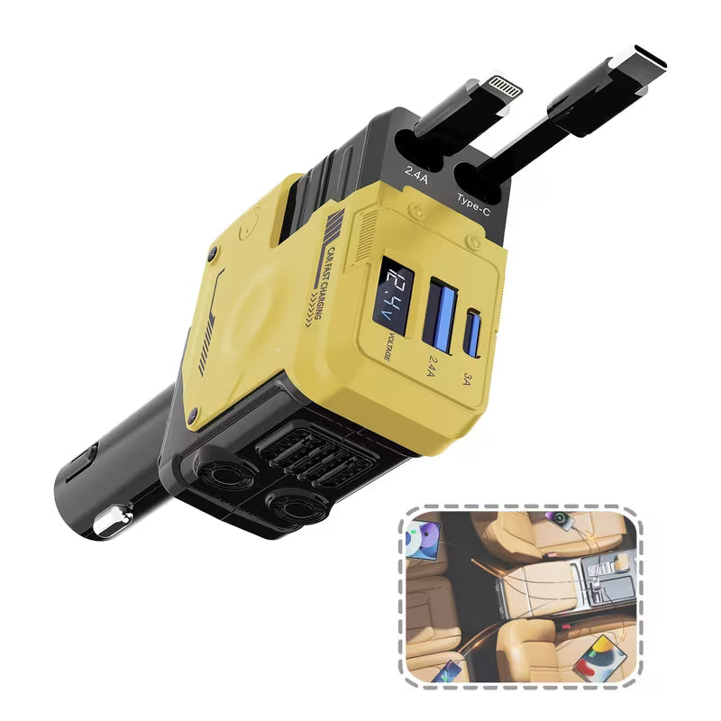 Cargador de coche multifuncional de carga rápida con cable retráctil
