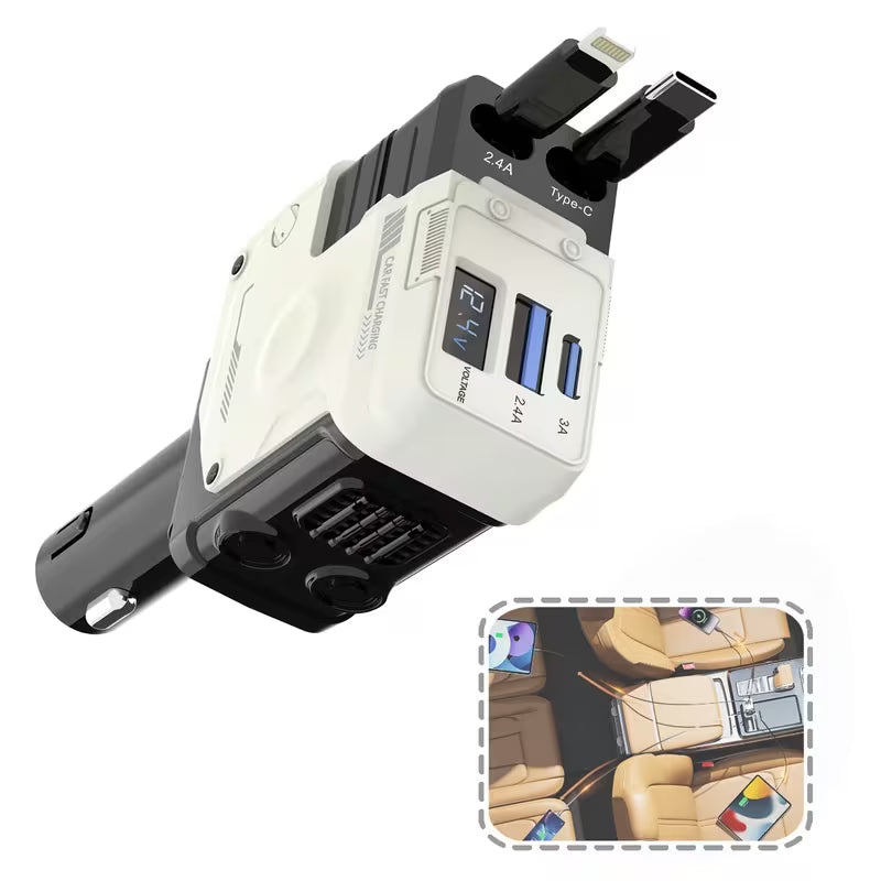 Cargador de coche multifuncional de carga rápida con cable retráctil